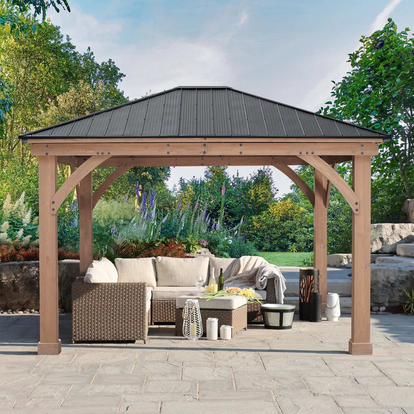 12' x 14' Wood Gazebo with Aluminum Roof