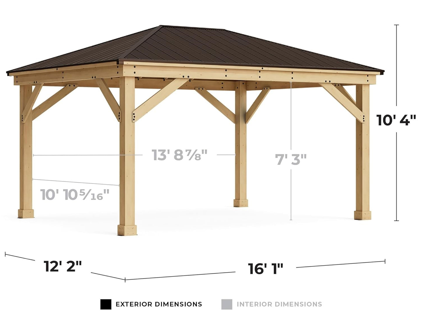 Gazebo de madera de 12' x 16' con techo de aluminio