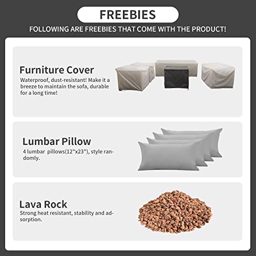 Patio Furniture Sectional Sofa 5-Piece 50000 BTU Propane Gas Fire Pit Outdoor Wicker Furniture Set Square Steel Pit Table with No-Slip Cushions Furniture Covers Lava Rock Anti-Splash Mesh, Grey