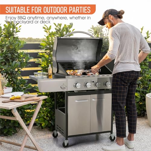 Sophia & William 4-Burner Gas BBQ Grill with Side Burner and Porcelain-Enameled Cast Iron Grates 42,000BTU Outdoor Cooking Stainless Steel Propane Grills Cabinet Style Garden Barbecue Grill, Silver