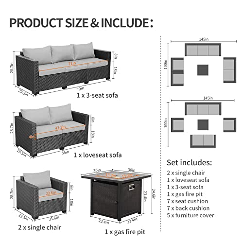 Patio Furniture Sectional Sofa 5-Piece 50000 BTU Propane Gas Fire Pit Outdoor Wicker Furniture Set Square Steel Pit Table with No-Slip Cushions Furniture Covers Lava Rock Anti-Splash Mesh, Grey