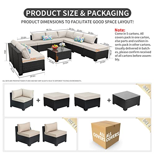 10 Pieces Patio Sectional Furniture Set Outdoor Wicker Conversation Sofa Couch with Khaki Non-Slip Cushions Furniture Cover Black PE Rattan