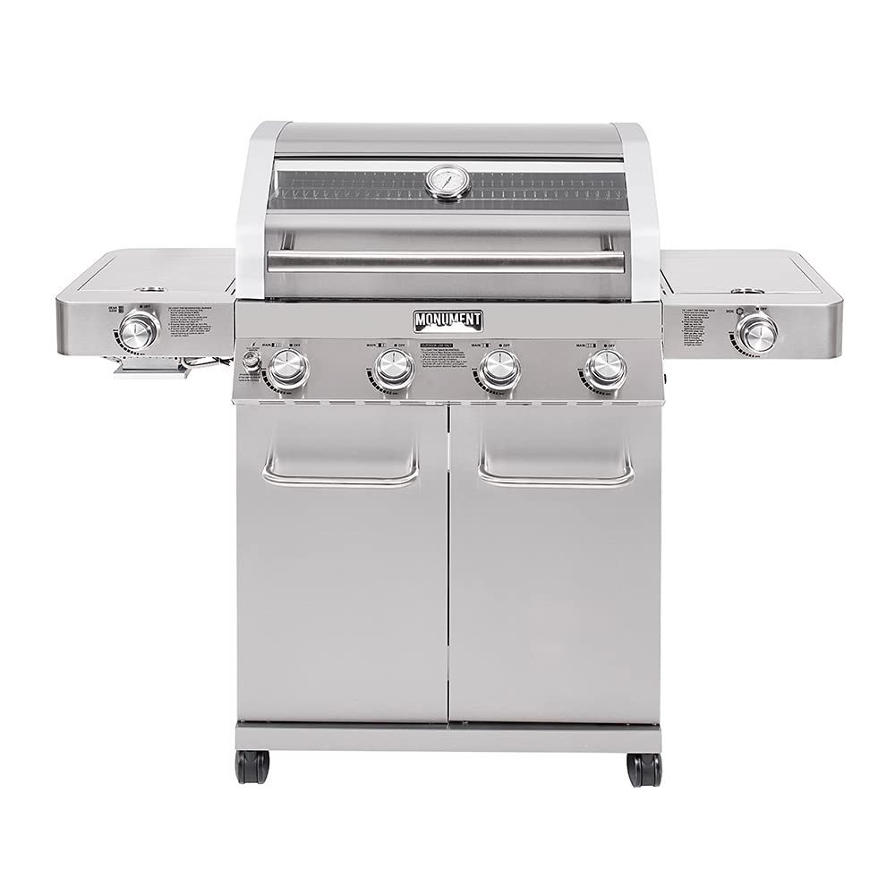 Monument Grills Larger 4-Burner Propane Gas Grills Stainless Steel Cabinet Style with Clear View Lid, LED Controls, Built in Thermometer, and Side & Infrared Side Sear Burners