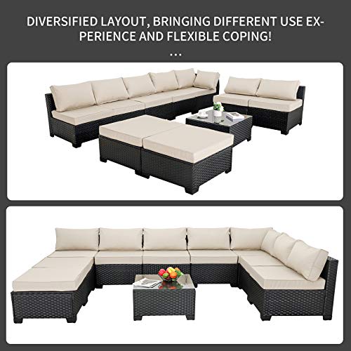 10 Pieces Patio Sectional Furniture Set Outdoor Wicker Conversation Sofa Couch with Khaki Non-Slip Cushions Furniture Cover Black PE Rattan