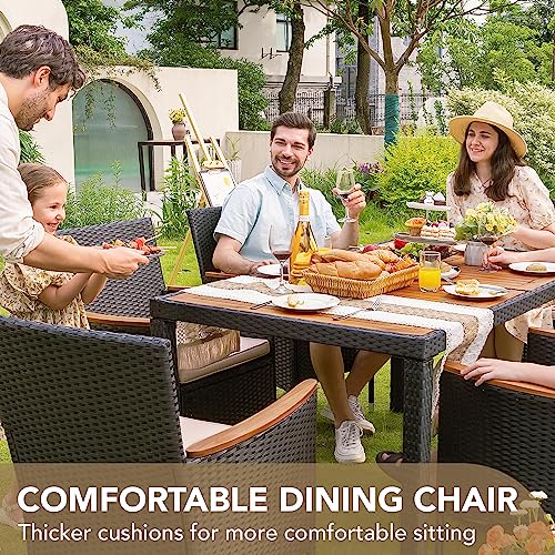 Devoko Dining 7 PCS Furniture, Patio Conversation Set with Acacia Wood Table Top, Rattan Outdoor, Black
