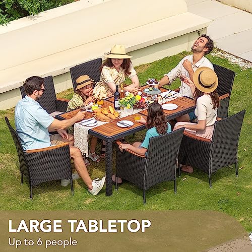 Devoko Dining 7 PCS Furniture, Patio Conversation Set with Acacia Wood Table Top, Rattan Outdoor, Black