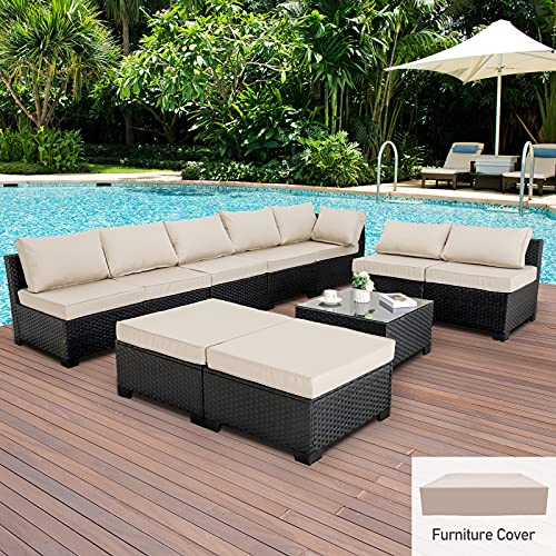 10 Pieces Patio Sectional Furniture Set Outdoor Wicker Conversation Sofa Couch with Khaki Non-Slip Cushions Furniture Cover Black PE Rattan