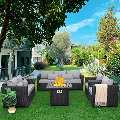Patio Furniture Sectional Sofa 5-Piece 50000 BTU Propane Gas Fire Pit Outdoor Wicker Furniture Set Square Steel Pit Table with No-Slip Cushions Furniture Covers Lava Rock Anti-Splash Mesh, Grey