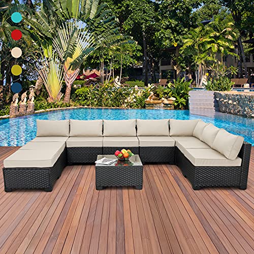10 Pieces Patio Sectional Furniture Set Outdoor Wicker Conversation Sofa Couch with Khaki Non-Slip Cushions Furniture Cover Black PE Rattan
