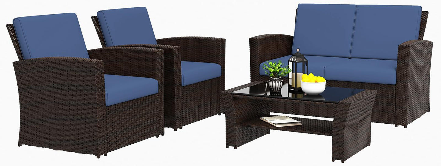 LayinSun 4 Piece Outdoor Patio Furniture Sets, Wicker Conversation Sets, Rattan Sofa Chair with Cushion for Backyard Lawn Garden