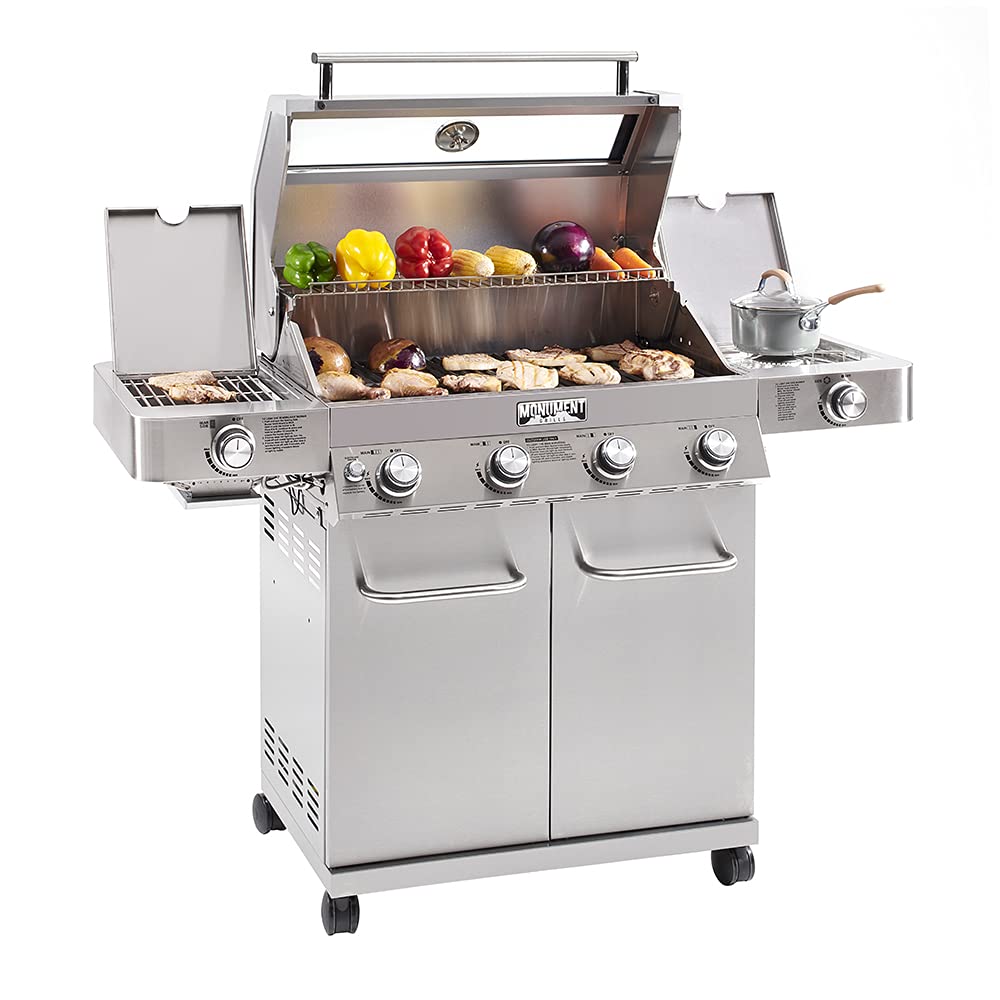 Monument Grills Larger 4-Burner Propane Gas Grills Stainless Steel Cabinet Style with Clear View Lid, LED Controls, Built in Thermometer, and Side & Infrared Side Sear Burners