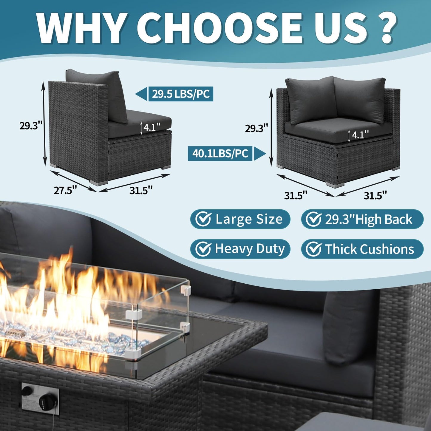 NICESOUL® High Back 7 Pieces Outdoor Patio Sectional Furniture Sofa Set with Fire Pit Table Luxury Extra Large PE Wicker Rattan Covnersations for Garden Porch Backyard Dark Gray