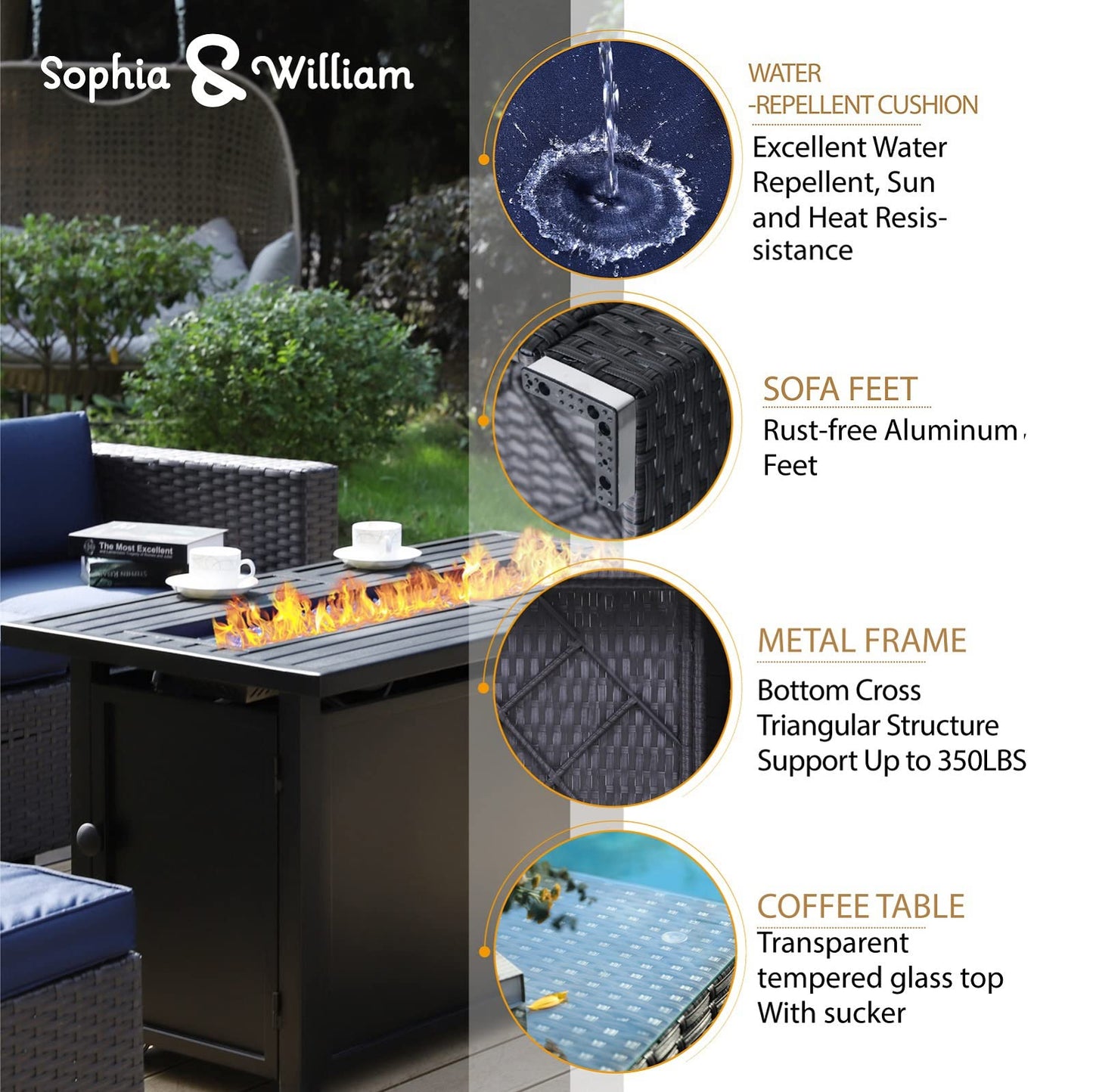 Sophia & William 13 PCS Patio Outdoor Furniture Set with 45-Inch Fire Pit Table All-Weather Rattan Patio Conversation Set Sectional Sofa w/Coffee Table & 50,000BTU Gas Fire Pit(Navy Blue)
