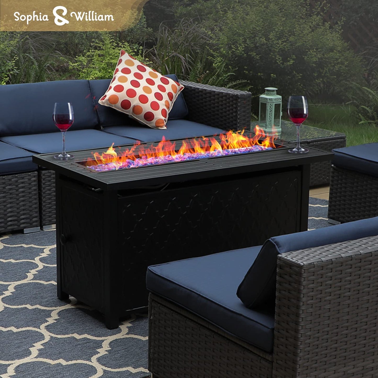 Sophia & William 13 PCS Patio Outdoor Furniture Set with 45-Inch Fire Pit Table All-Weather Rattan Patio Conversation Set Sectional Sofa w/Coffee Table & 50,000BTU Gas Fire Pit(Navy Blue)
