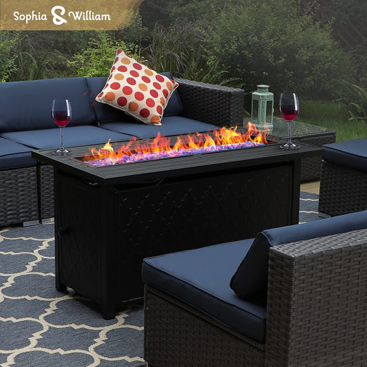 Sophia & William 13 PCS Patio Outdoor Furniture Set with 45-Inch Fire Pit Table All-Weather Rattan Patio Conversation Set Sectional Sofa w/Coffee Table & 50,000BTU Gas Fire Pit(Navy Blue)