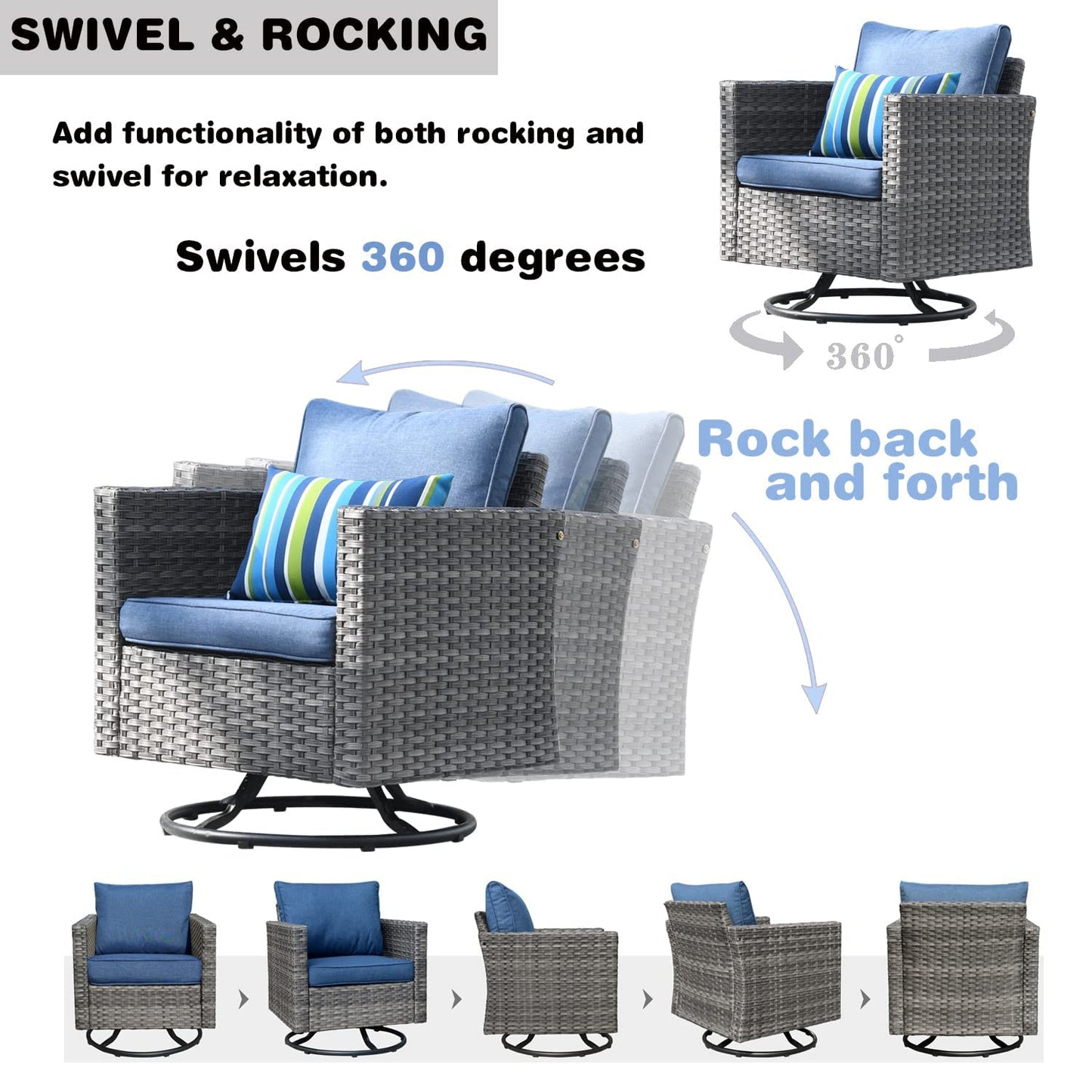 ovios Patio Furniture Set 8 Pieces Outdoor Wicker Rocking Swivel Chairs Sectional Sofa Set with Single Chairs High Back Rattan Sofa for Yard Garden Porch, Denim Blue
