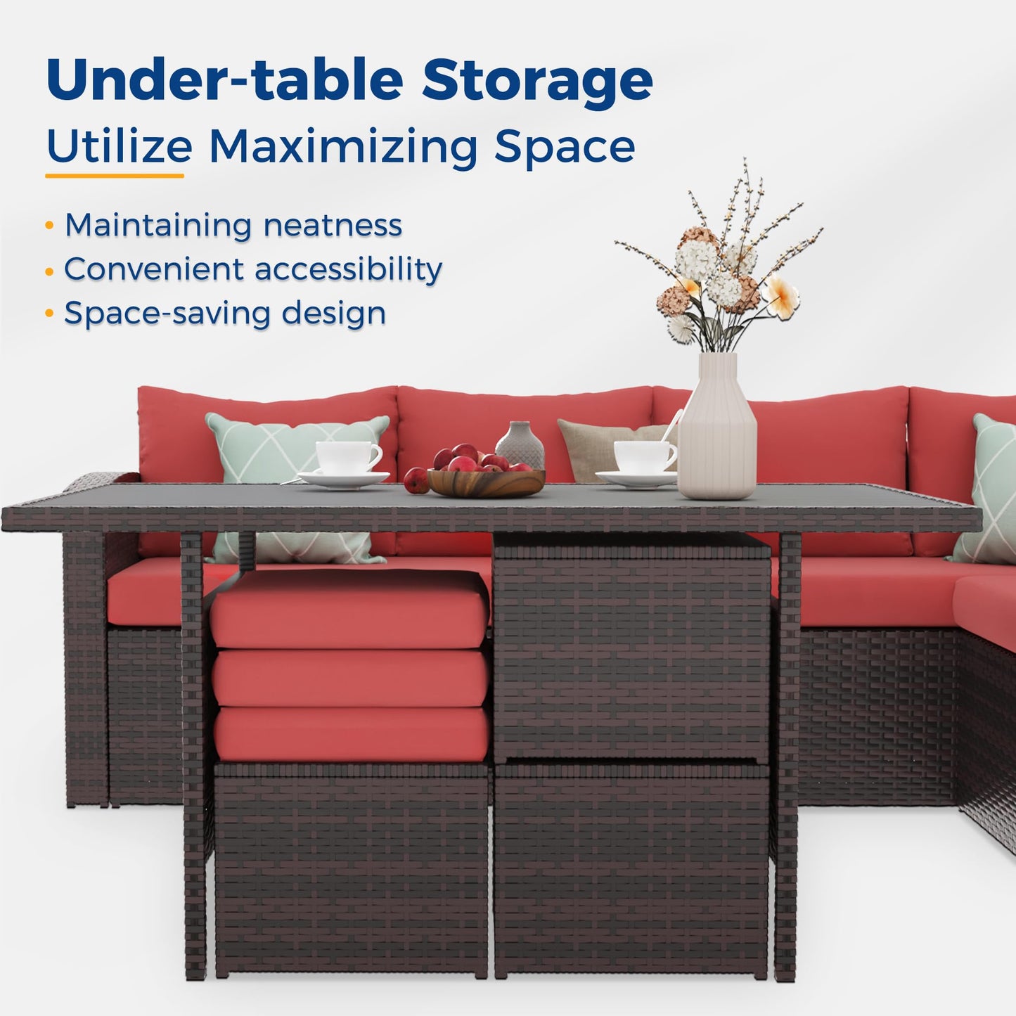Wisteria Lane Patio Furniture Set, 7 Piece Outdoor Dining Sectional Sofa with Dining Table and Chair, All Weather Wicker Conversation Set with Ottoman, Red
