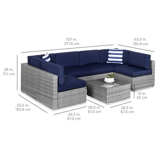 Best Choice Products 7-Piece Modular Outdoor Sectional Wicker Patio Furniture Conversation Sofa Set w/ 6 Chairs, 2 Pillows, Seat Clips, Coffee Table, Cover Included - Gray/Navy