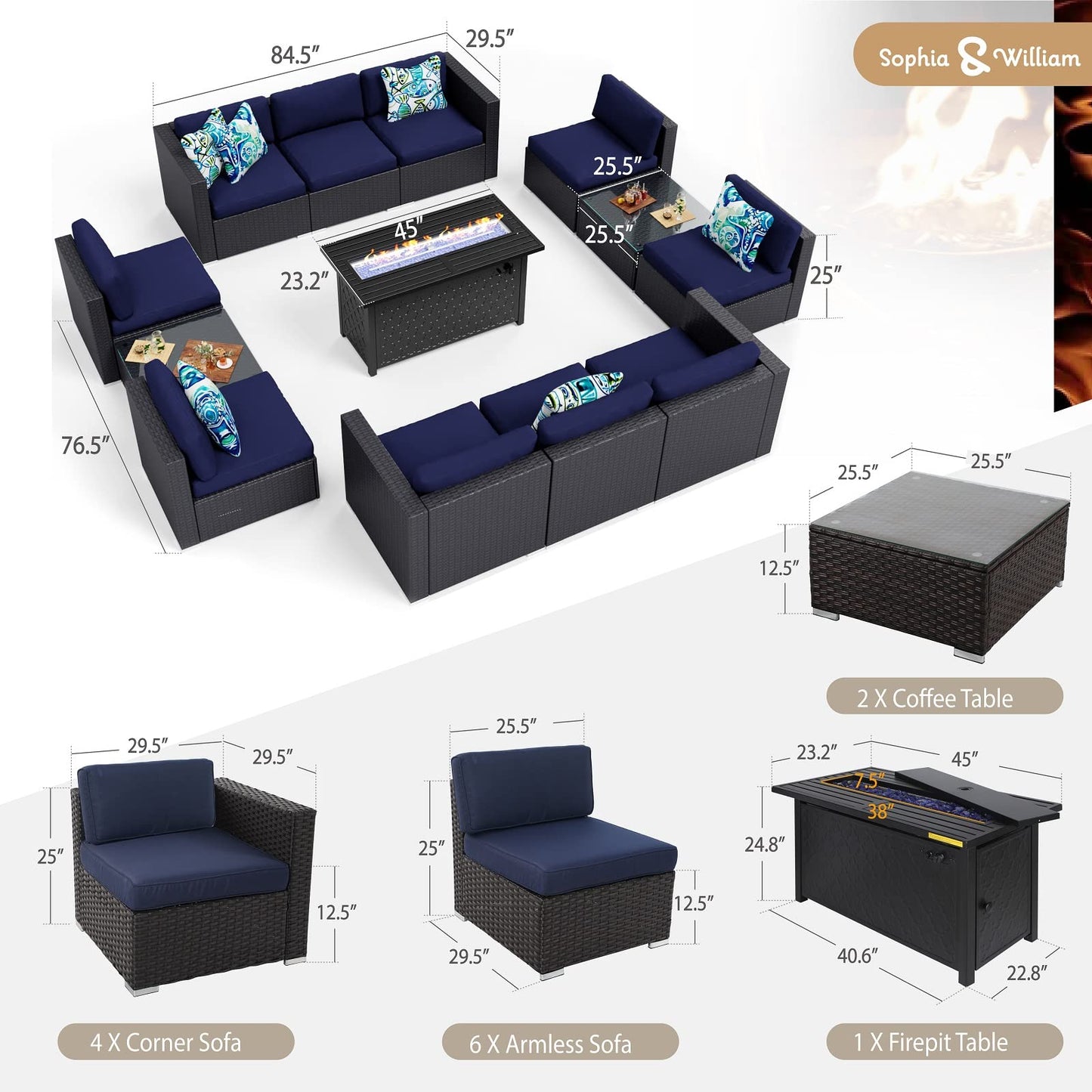 Sophia & William 13 PCS Patio Outdoor Furniture Set with 45-Inch Fire Pit Table All-Weather Rattan Patio Conversation Set Sectional Sofa w/Coffee Table & 50,000BTU Gas Fire Pit(Navy Blue)