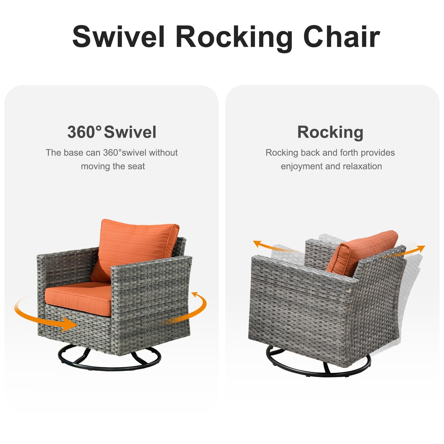 ovios Patio Furniture Set 6 Piece Outdoor Sectional Sofa Set with Rocking Swivel Chairs Square Fire Pit Table Loveseat All Weather Wicker Rattan Conversation Sets for Yard Porch (Orange Red)