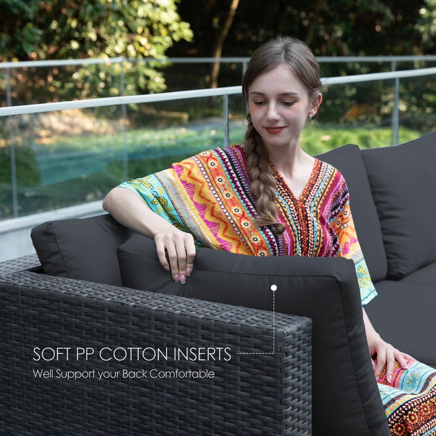NICESOUL® High Back 7 Pieces Outdoor Patio Sectional Furniture Sofa Set with Fire Pit Table Luxury Extra Large PE Wicker Rattan Covnersations for Garden Porch Backyard Dark Gray