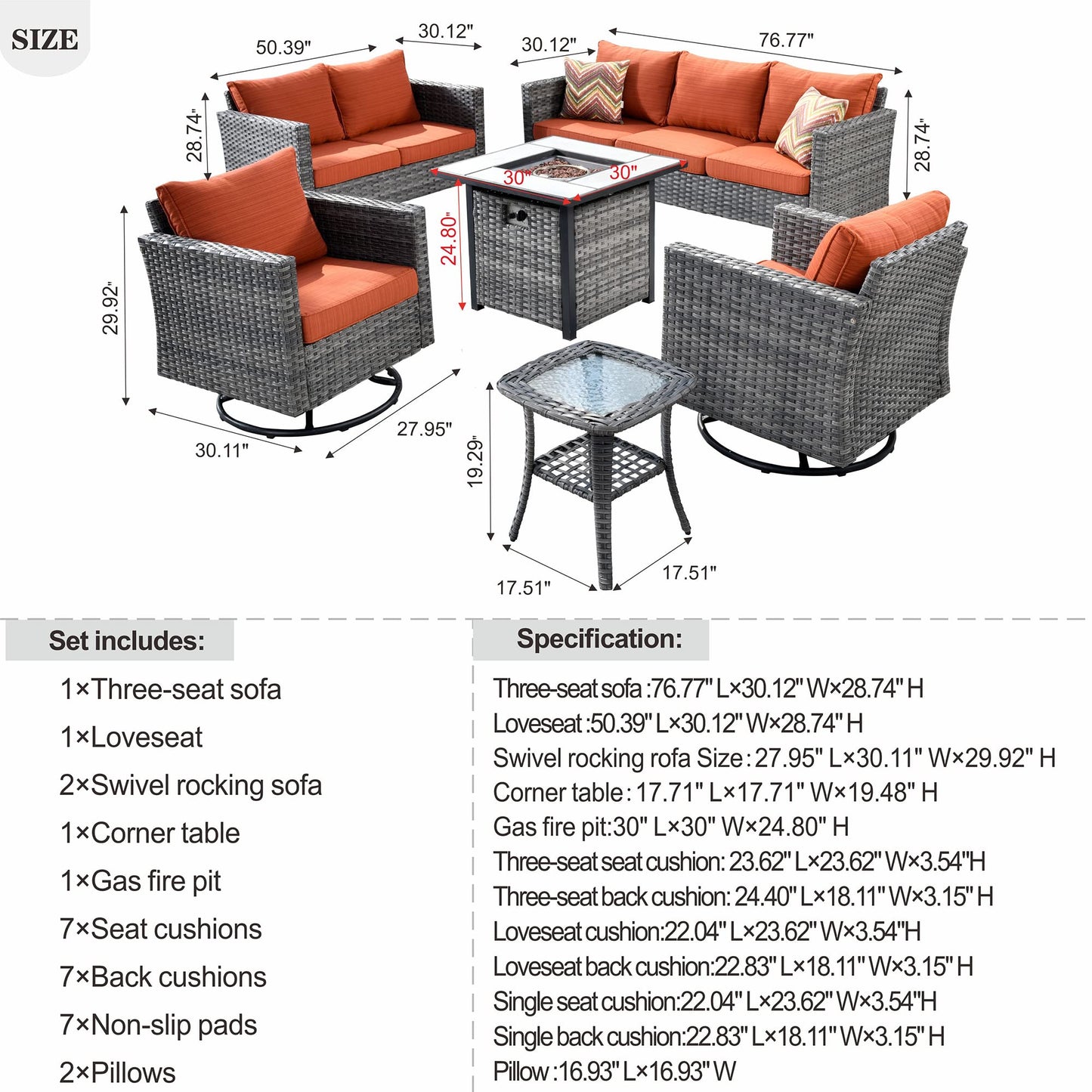 ovios Patio Furniture Set 6 Piece Outdoor Sectional Sofa Set with Rocking Swivel Chairs Square Fire Pit Table Loveseat All Weather Wicker Rattan Conversation Sets for Yard Porch (Orange Red)