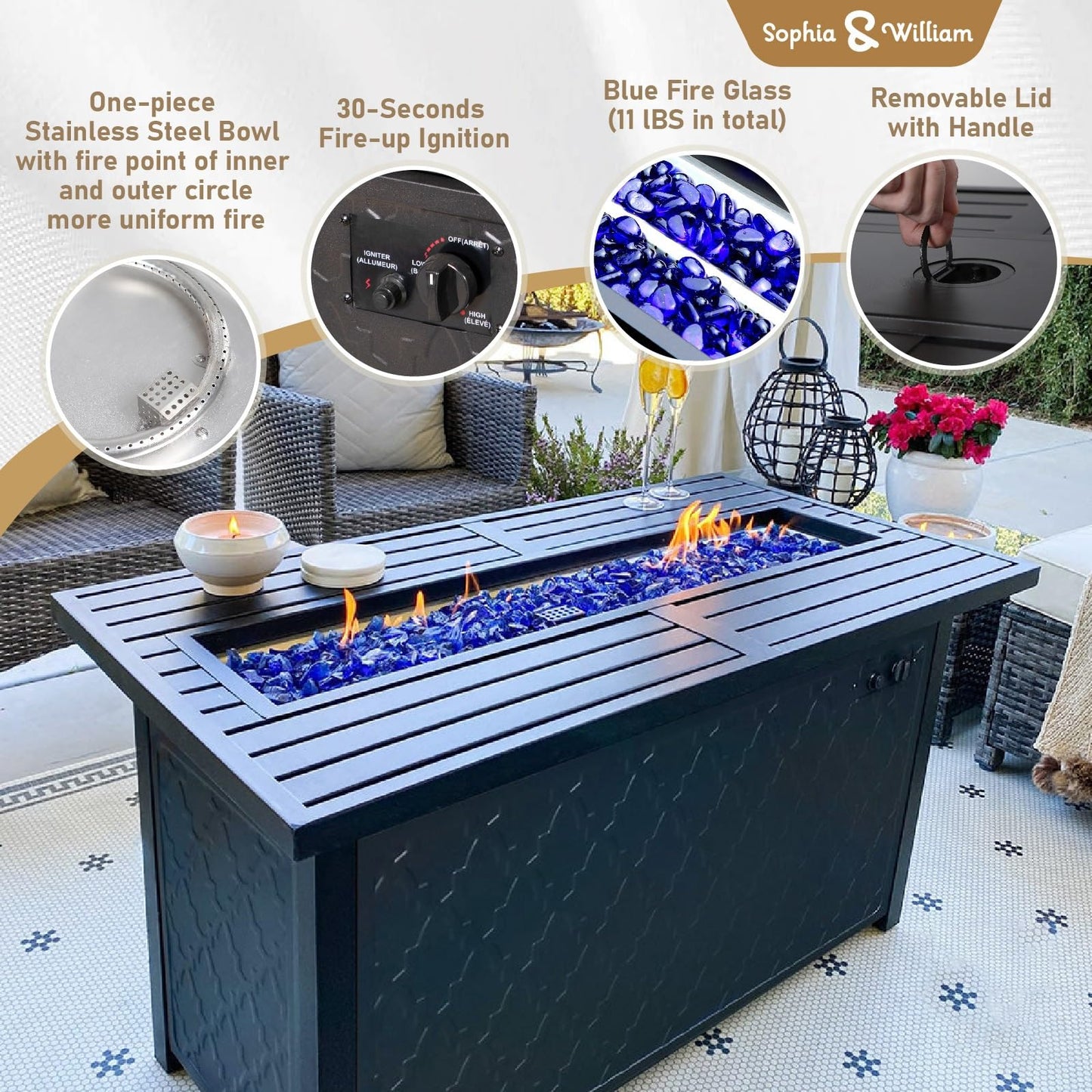 Sophia & William 13 PCS Patio Outdoor Furniture Set with 45-Inch Fire Pit Table All-Weather Rattan Patio Conversation Set Sectional Sofa w/Coffee Table & 50,000BTU Gas Fire Pit(Navy Blue)