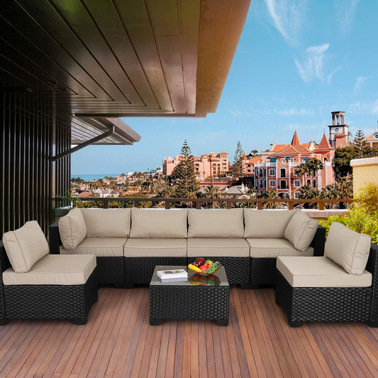 Valita 7 Piece Outdoor PE Wicker Furniture Set, Patio Black Rattan Sectional Sofa Couch with Washable Khaki Cushions…