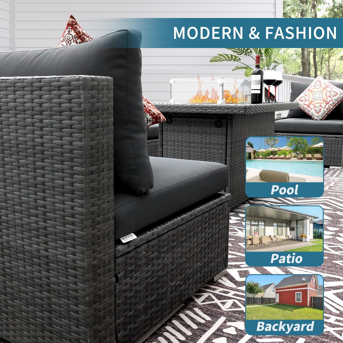 NICESOUL® High Back 7 Pieces Outdoor Patio Sectional Furniture Sofa Set with Fire Pit Table Luxury Extra Large PE Wicker Rattan Covnersations for Garden Porch Backyard Dark Gray