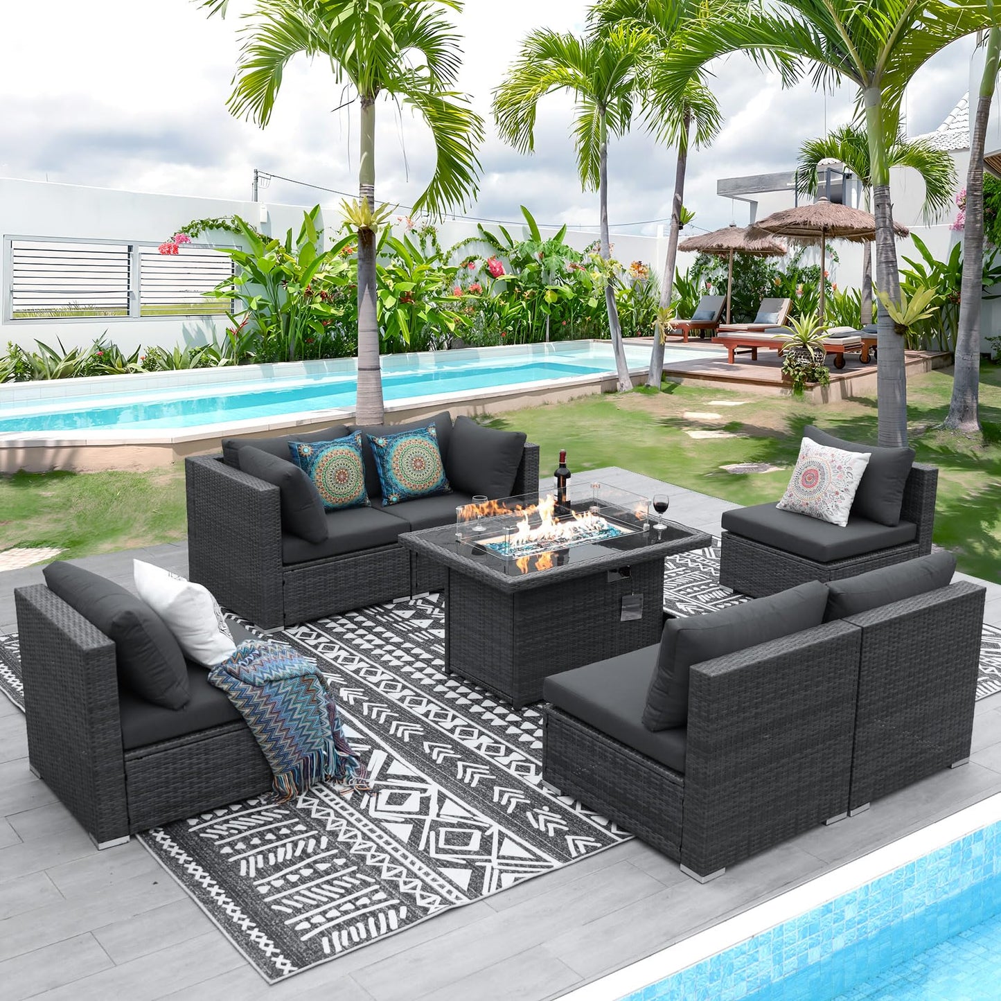 NICESOUL® High Back 7 Pieces Outdoor Patio Sectional Furniture Sofa Set with Fire Pit Table Luxury Extra Large PE Wicker Rattan Covnersations for Garden Porch Backyard Dark Gray