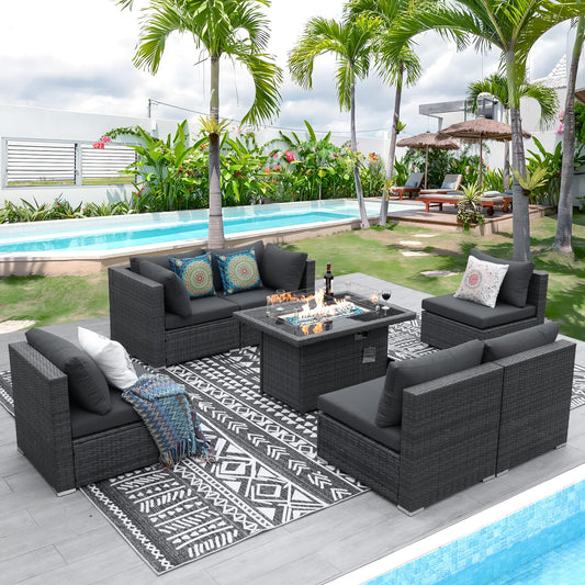 NICESOUL® High Back 7 Pieces Outdoor Patio Sectional Furniture Sofa Set with Fire Pit Table Luxury Extra Large PE Wicker Rattan Covnersations for Garden Porch Backyard Dark Gray