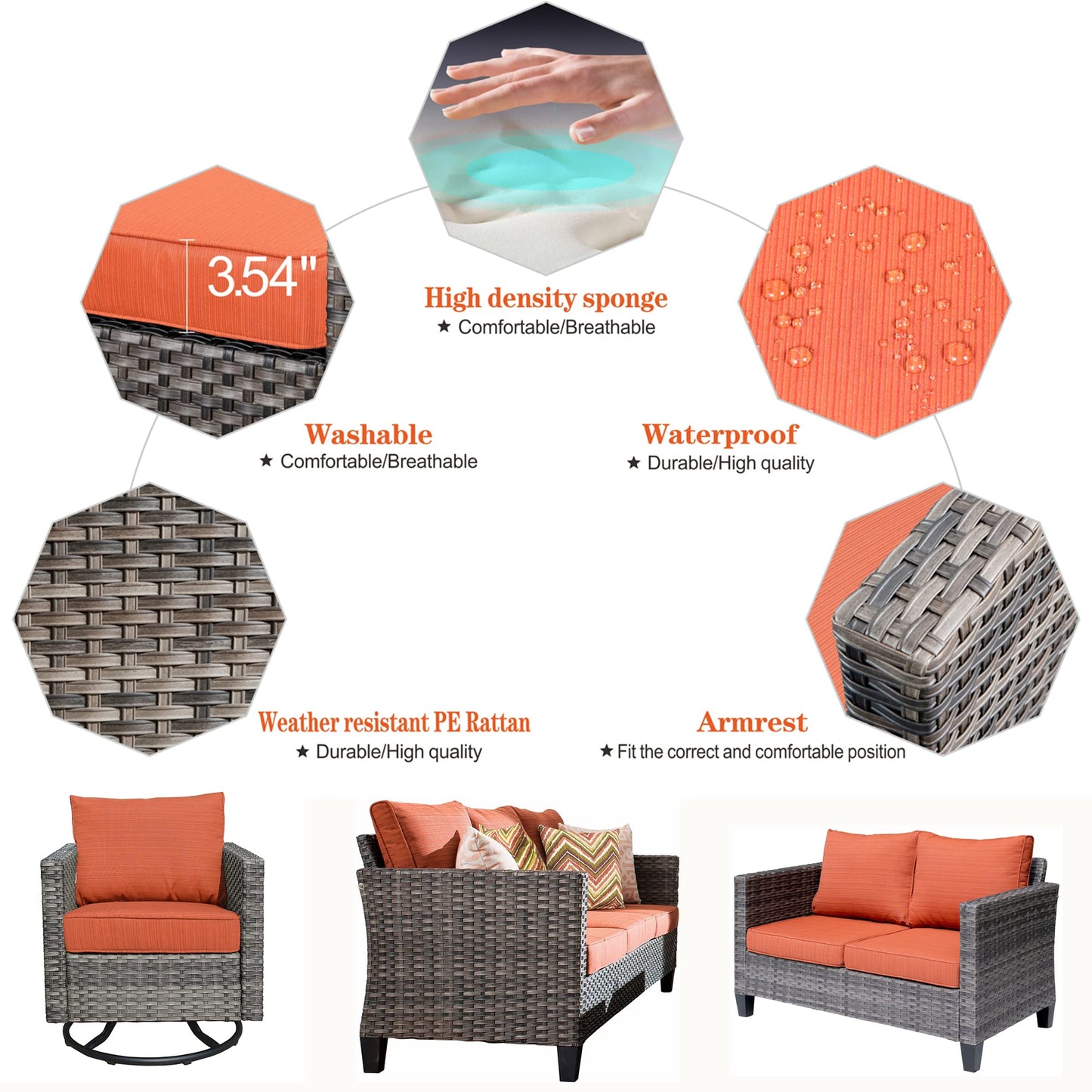 ovios Patio Furniture Set 6 Piece Outdoor Sectional Sofa Set with Rocking Swivel Chairs Square Fire Pit Table Loveseat All Weather Wicker Rattan Conversation Sets for Yard Porch (Orange Red)