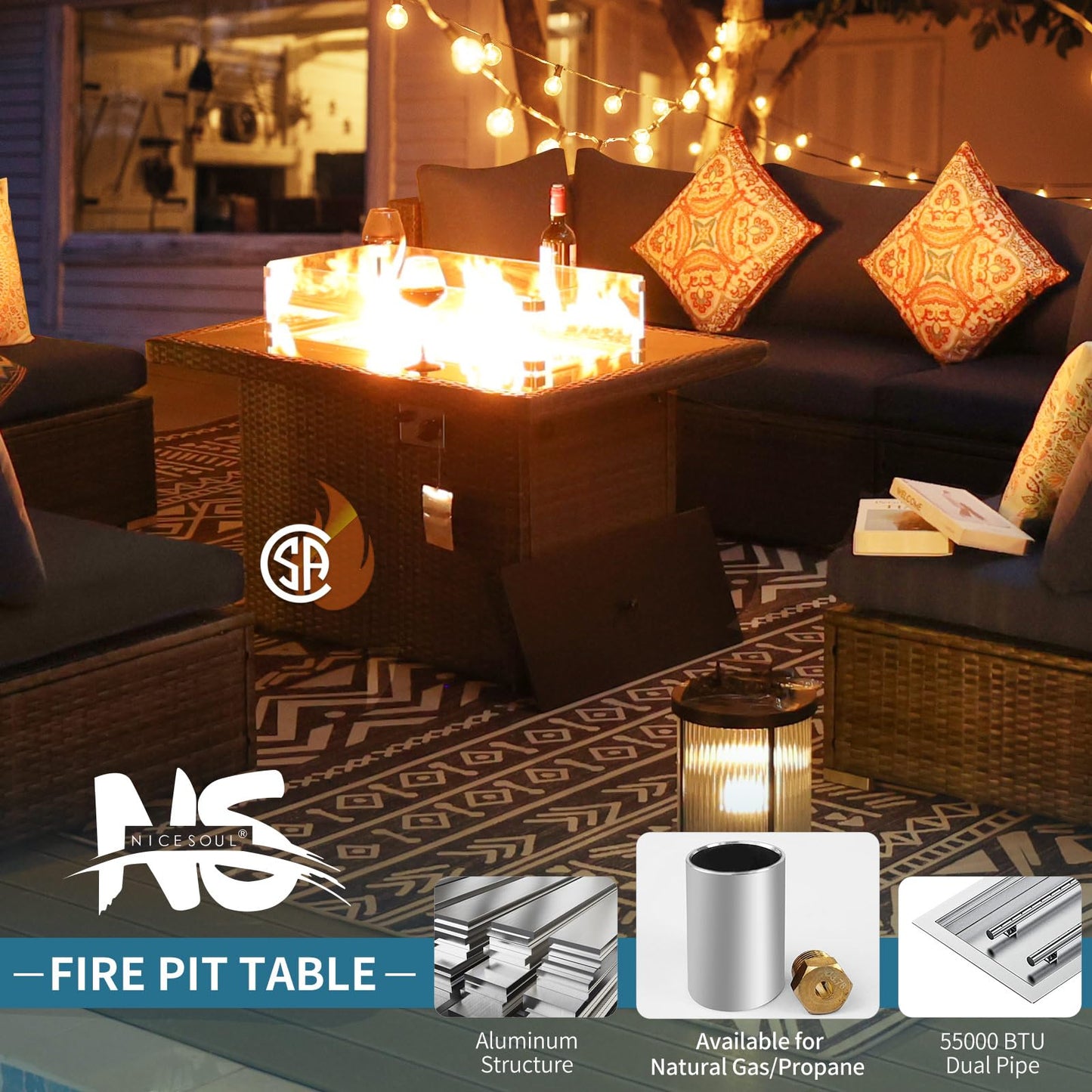 NICESOUL® High Back 7 Pieces Outdoor Patio Sectional Furniture Sofa Set with Fire Pit Table Luxury Extra Large PE Wicker Rattan Covnersations for Garden Porch Backyard Dark Gray