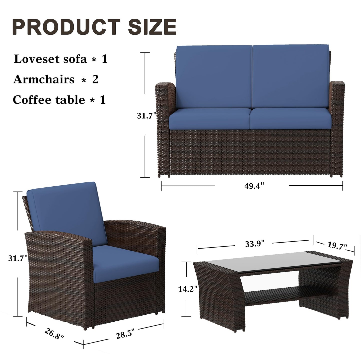 LayinSun 4 Piece Outdoor Patio Furniture Sets, Wicker Conversation Sets, Rattan Sofa Chair with Cushion for Backyard Lawn Garden