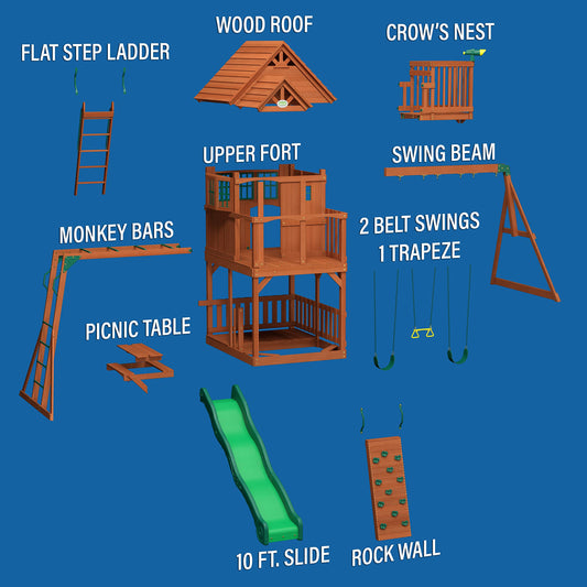 Backyard Discovery, Skyfort II Playground Cedar Wood Swing Set with Playhouse Fort, Sandbox, Picnic Table, Slide, Monkey Bars, Swings, Rock Climber, Outdoor Playset for kids Age 3-10 years