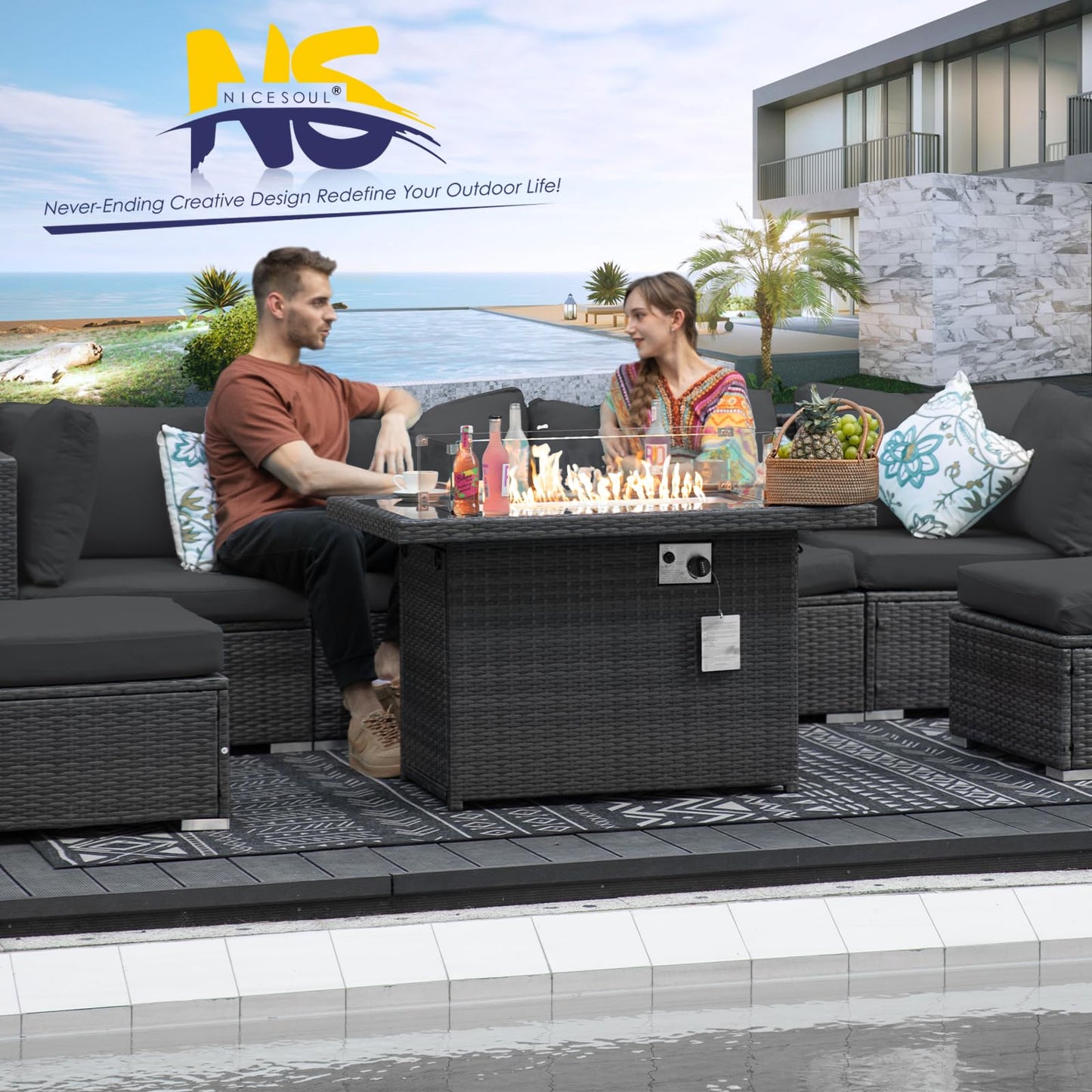 NICESOUL® High Back 7 Pieces Outdoor Patio Sectional Furniture Sofa Set with Fire Pit Table Luxury Extra Large PE Wicker Rattan Covnersations for Garden Porch Backyard Dark Gray