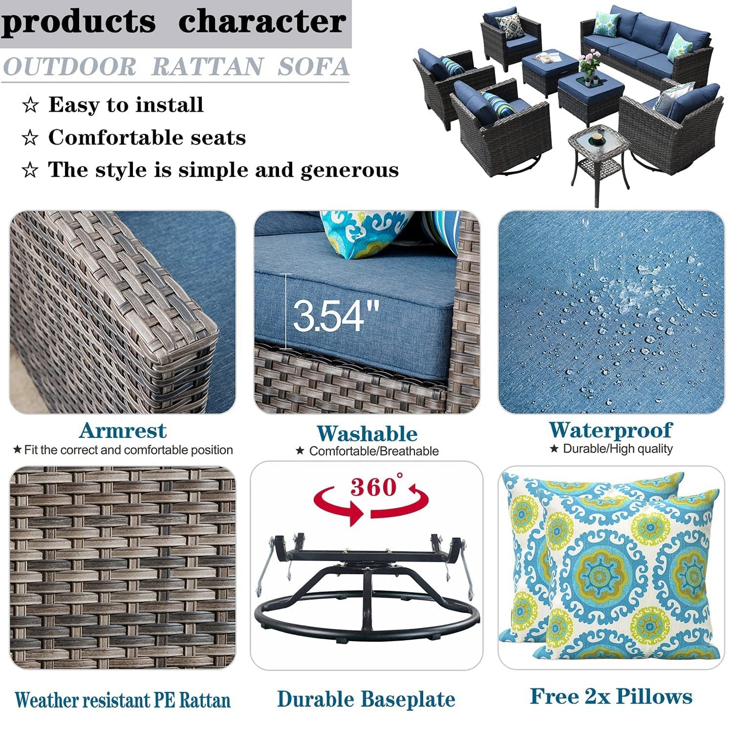 ovios Patio Furniture Set 8 Pieces Outdoor Wicker Rocking Swivel Chairs Sectional Sofa Set with Single Chairs High Back Rattan Sofa for Yard Garden Porch, Denim Blue