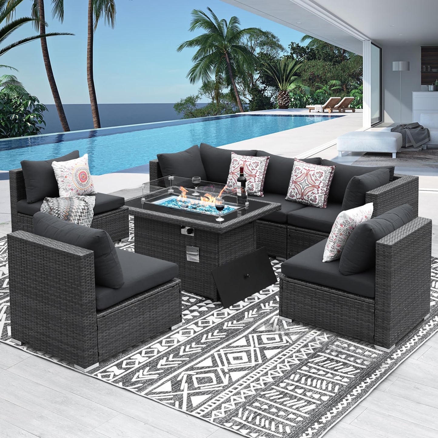 NICESOUL® High Back 7 Pieces Outdoor Patio Sectional Furniture Sofa Set with Fire Pit Table Luxury Extra Large PE Wicker Rattan Covnersations for Garden Porch Backyard Dark Gray