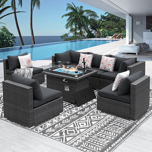 NICESOUL® High Back 7 Pieces Outdoor Patio Sectional Furniture Sofa Set with Fire Pit Table Luxury Extra Large PE Wicker Rattan Covnersations for Garden Porch Backyard Dark Gray
