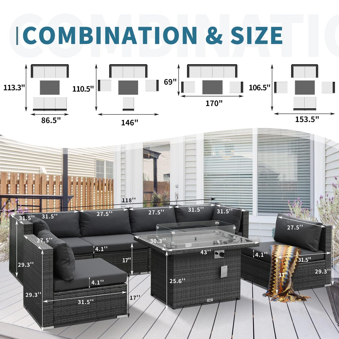 NICESOUL® High Back 7 Pieces Outdoor Patio Sectional Furniture Sofa Set with Fire Pit Table Luxury Extra Large PE Wicker Rattan Covnersations for Garden Porch Backyard Dark Gray