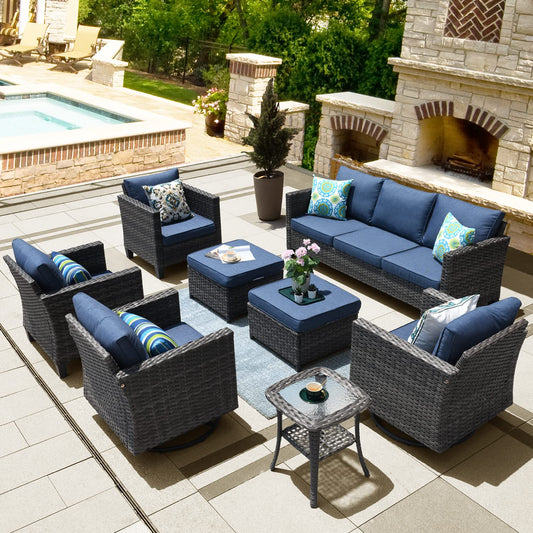 ovios Patio Furniture Set 8 Pieces Outdoor Wicker Rocking Swivel Chairs Sectional Sofa Set with Single Chairs High Back Rattan Sofa for Yard Garden Porch, Denim Blue