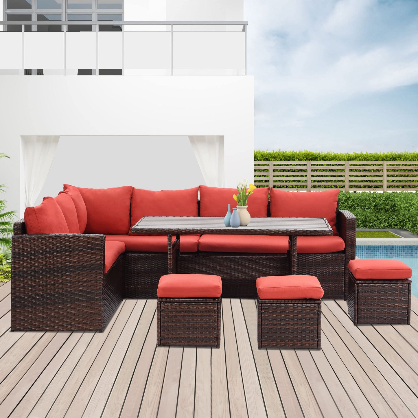 Wisteria Lane Patio Furniture Set, 7 Piece Outdoor Dining Sectional Sofa with Dining Table and Chair, All Weather Wicker Conversation Set with Ottoman, Red