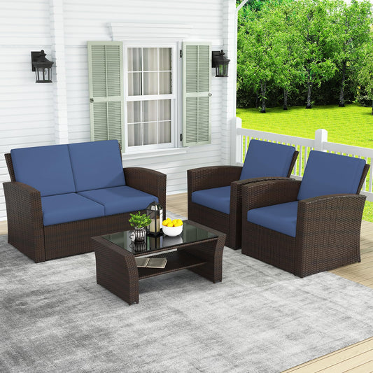 LayinSun 4 Piece Outdoor Patio Furniture Sets, Wicker Conversation Sets, Rattan Sofa Chair with Cushion for Backyard Lawn Garden