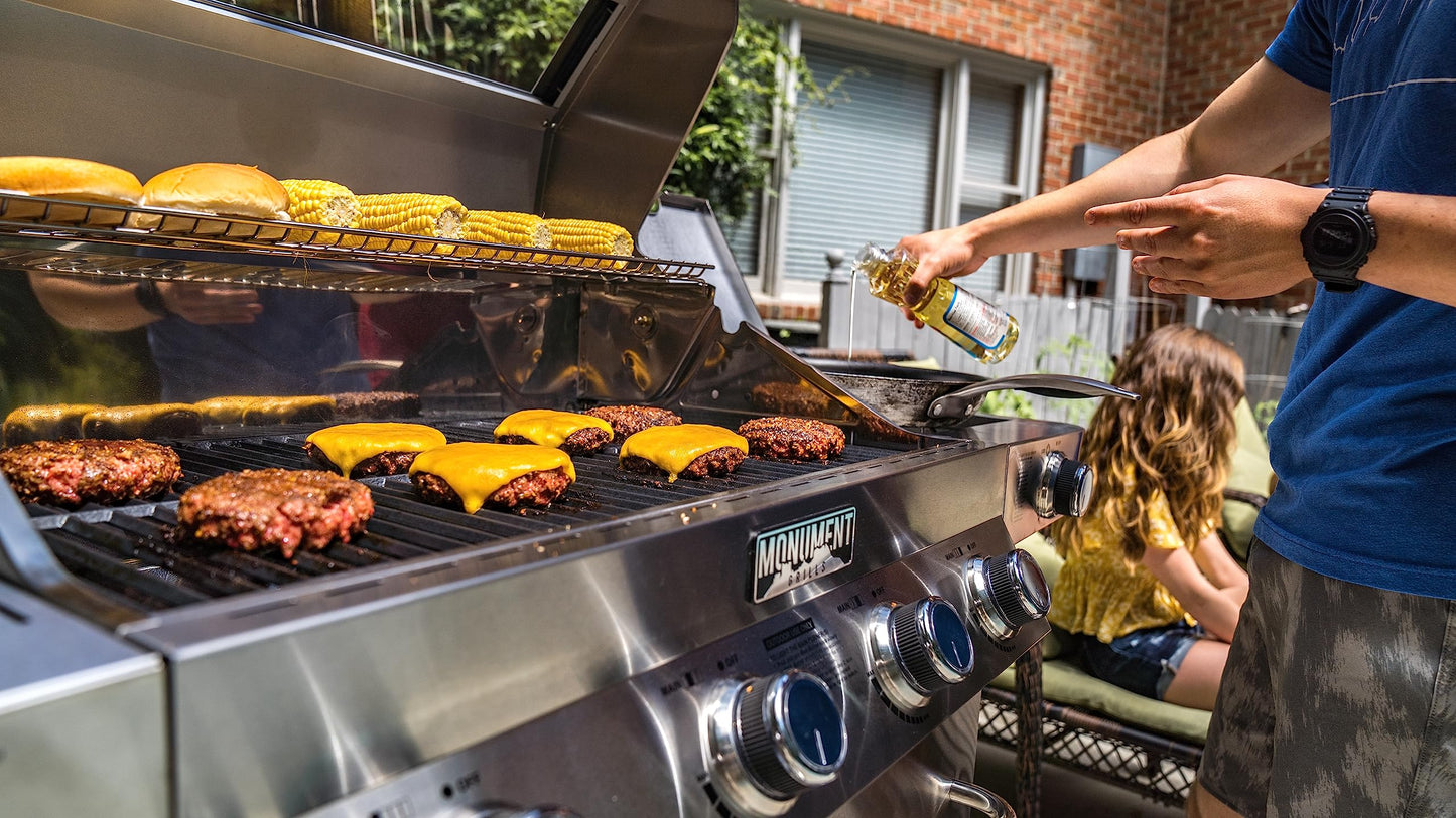 Monument Grills Larger 4-Burner Propane Gas Grills Stainless Steel Cabinet Style with Clear View Lid, LED Controls, Built in Thermometer, and Side & Infrared Side Sear Burners