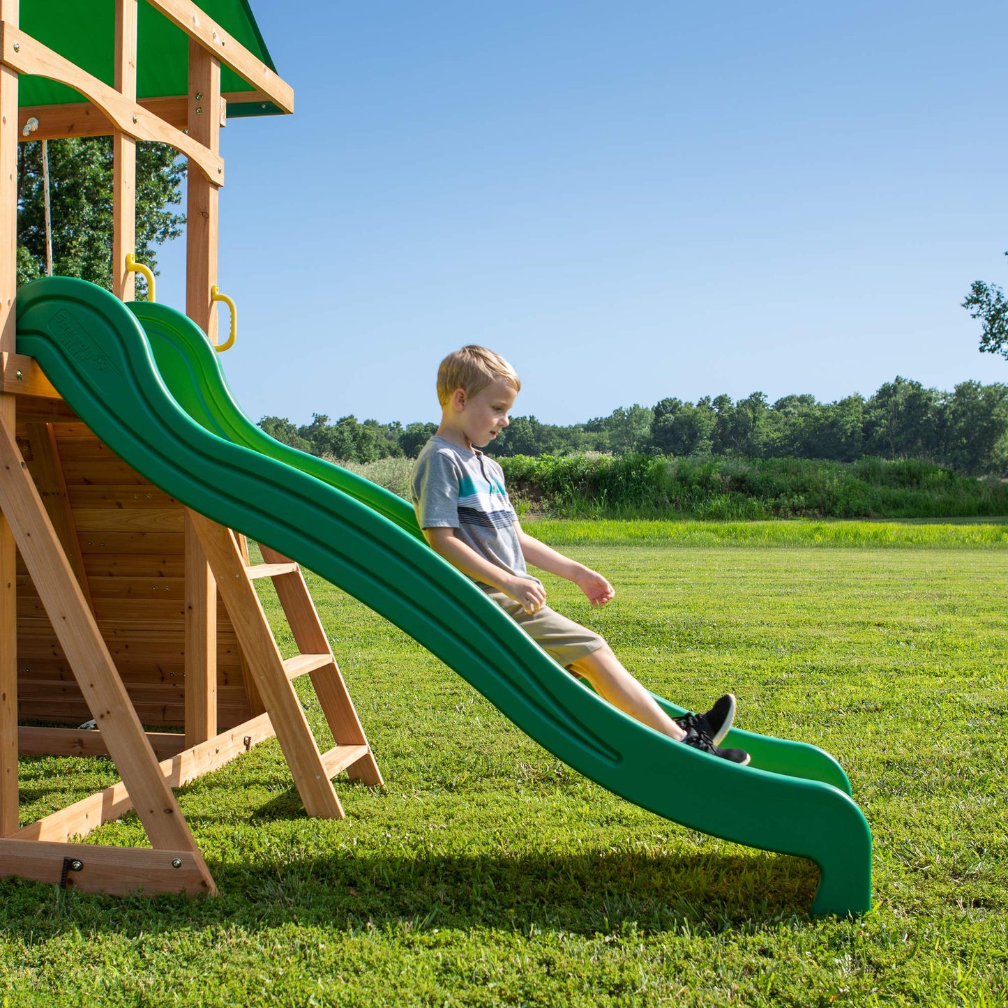 Backyard Discovery Mount McKinley All Cedar Wood Swing Set, Playground for All Kids Age 3-10, Rock Wall, Wave Slide, Fort, Double Rock Climber and Rope