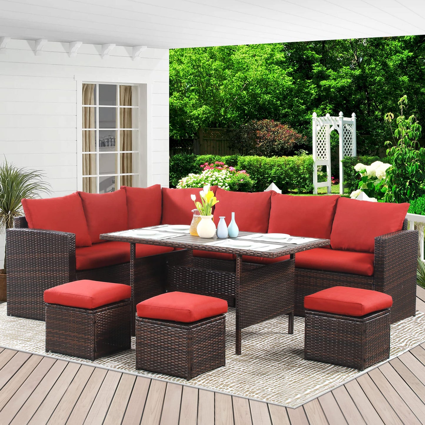 Wisteria Lane Patio Furniture Set, 7 Piece Outdoor Dining Sectional Sofa with Dining Table and Chair, All Weather Wicker Conversation Set with Ottoman, Red