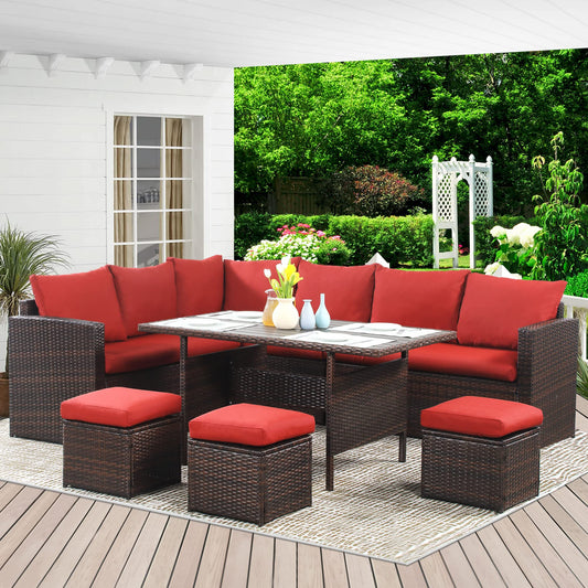 Wisteria Lane Patio Furniture Set, 7 Piece Outdoor Dining Sectional Sofa with Dining Table and Chair, All Weather Wicker Conversation Set with Ottoman, Red
