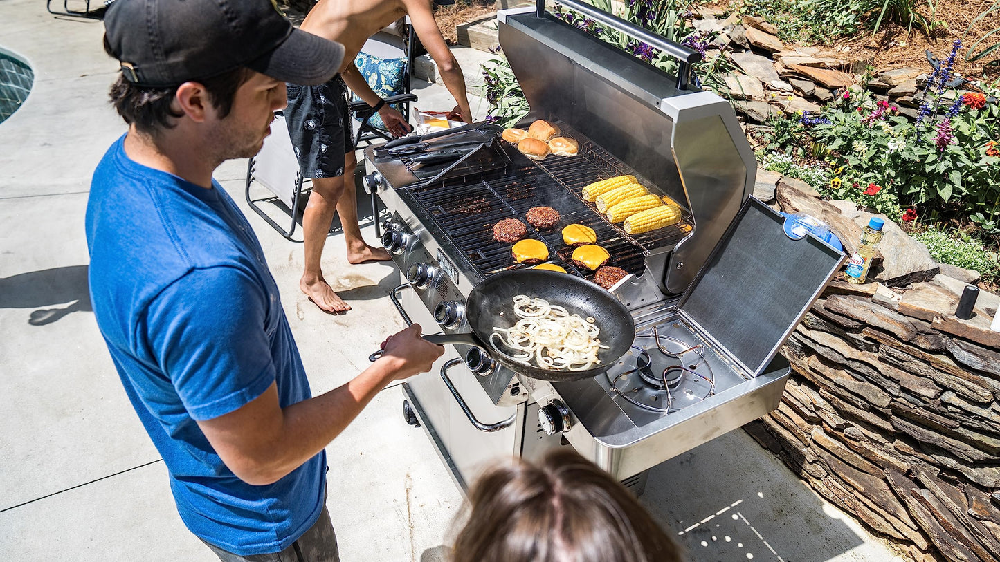 Monument Grills Larger 4-Burner Propane Gas Grills Stainless Steel Cabinet Style with Clear View Lid, LED Controls, Built in Thermometer, and Side & Infrared Side Sear Burners