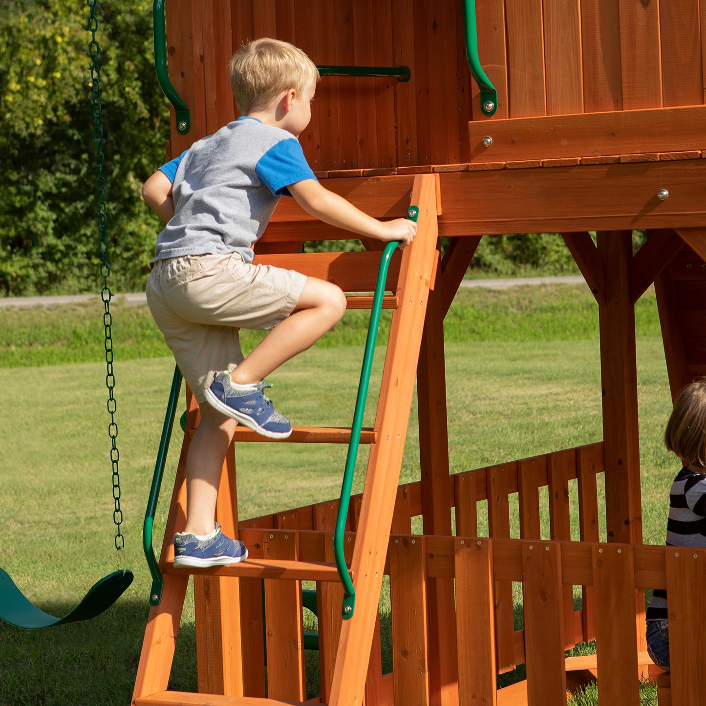 Backyard Discovery, Skyfort II Playground Cedar Wood Swing Set with Playhouse Fort, Sandbox, Picnic Table, Slide, Monkey Bars, Swings, Rock Climber, Outdoor Playset for kids Age 3-10 years