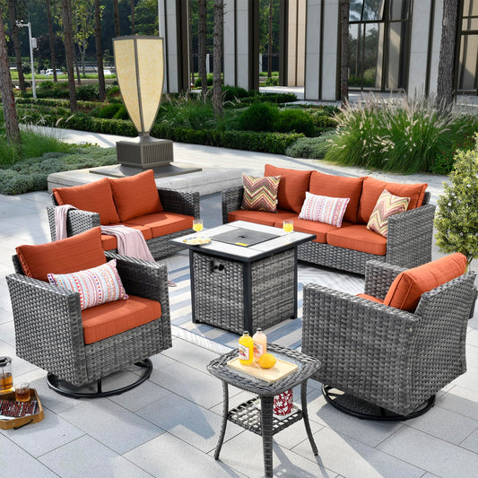 ovios Patio Furniture Set 6 Piece Outdoor Sectional Sofa Set with Rocking Swivel Chairs Square Fire Pit Table Loveseat All Weather Wicker Rattan Conversation Sets for Yard Porch (Orange Red)